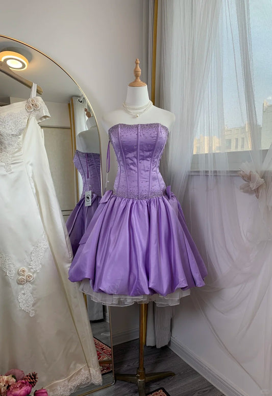 Vintage Purple Strapless A-Line Satin Beaded Short Prom Dresses Homecoming Dress RF0751