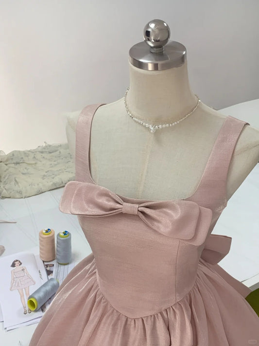 Sweet Pink Square Neck A-Line Satin Short  Party Dresses Homecoming Dress RF0752