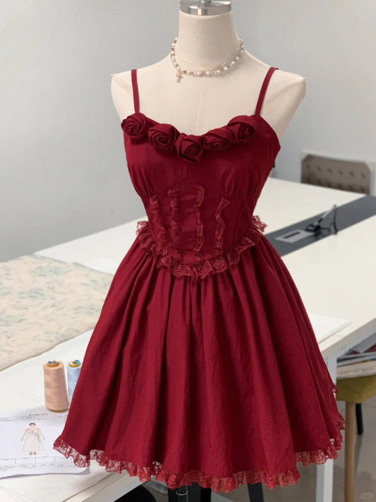 Elegant Burgundy Spaghetti Straps A-Line Satin Short Prom Dresses Cute Homecoming Dress RF0754