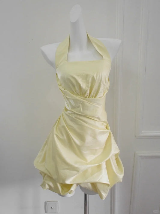 Soft Butter Yellow Halter Neck A-Line Taffeta Short Prom Dresses Fashion Homecoming Dress RF0755