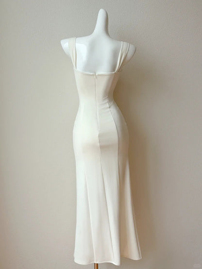 Elegant Light Ivory Spaghetti Straps Bodycon Satin Appliques  Prom Dresses Evening  Dress with Appliques RF0756