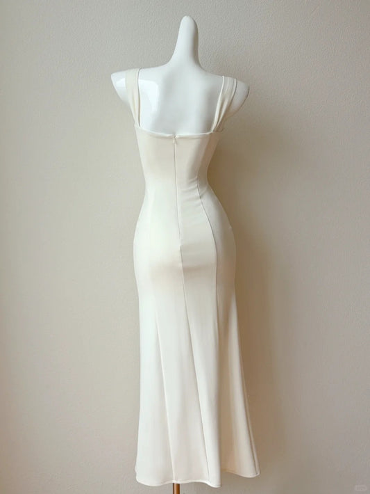 Elegant Light Ivory Spaghetti Straps Bodycon Satin Appliques  Prom Dresses Evening  Dress with Appliques RF0756
