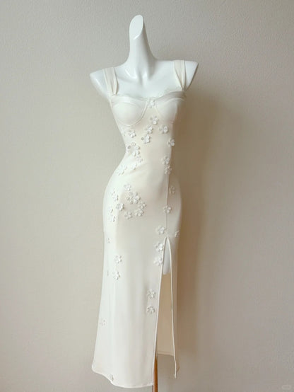 Elegant Light Ivory Spaghetti Straps Bodycon Satin Appliques  Prom Dresses Evening  Dress with Appliques RF0756
