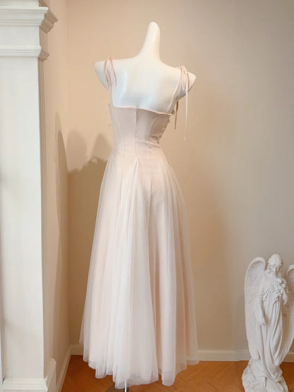 Sweet Spaghetti Straps A-Line Tulle Long Prom Dresses Birthday Evening Dress Gowns RF0758