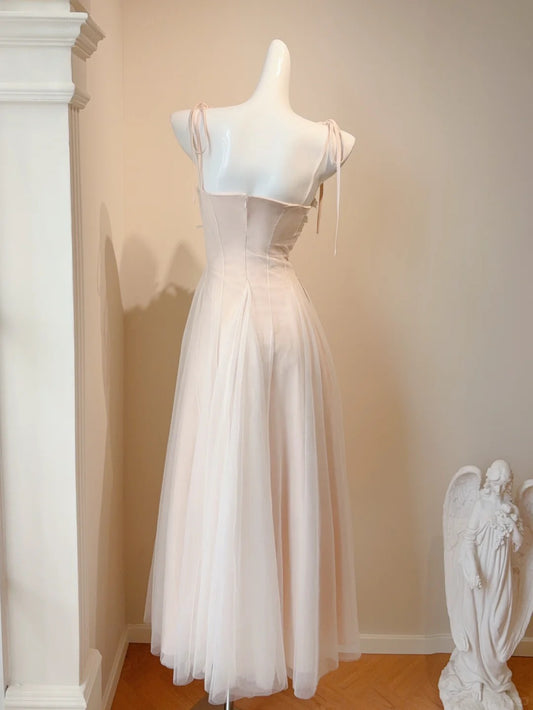 Sweet Spaghetti Straps A-Line Tulle Long Prom Dresses Birthday Evening Dress Gowns RF0758