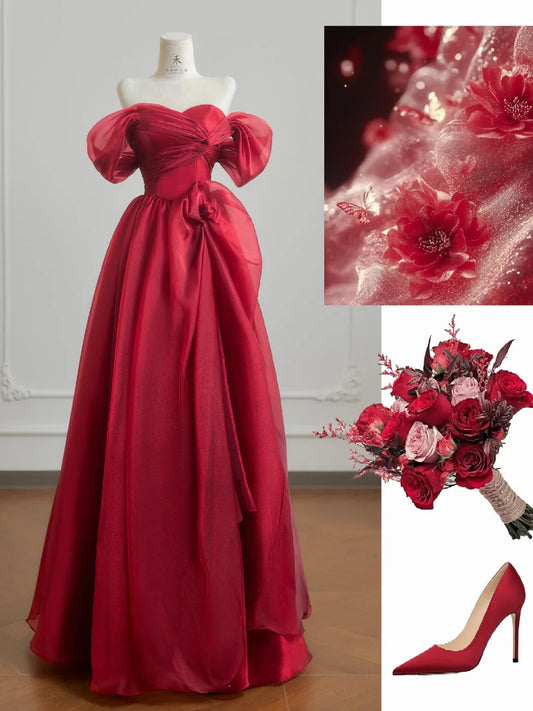 Glam Burgundy Off-the-shoulder A-Line Satin Tulle Long Prom Dresses Formal Evening Gowns RF0760