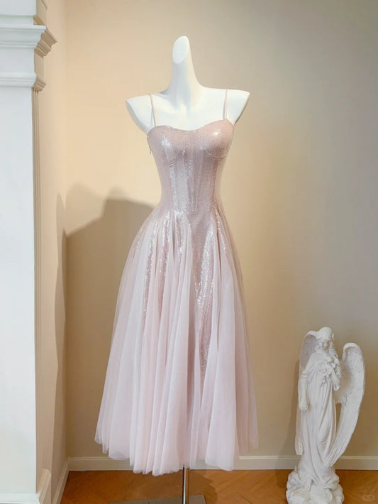 Sweet Blush Pink Spaghetti Straps A-Line Sequin Tulle Long Prom Dresses Birthday Evening Gowns RF0764