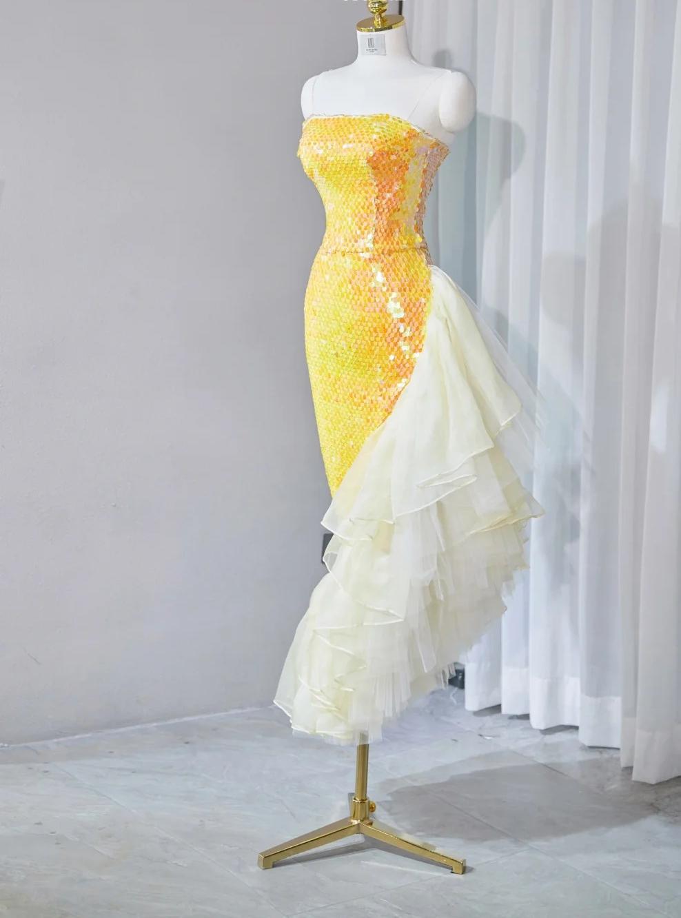 Gorgeous Bright Yellow Strapless Mermaid Sequined Tulle Long Prom Dresses Formal Evening Gowns  RF0770
