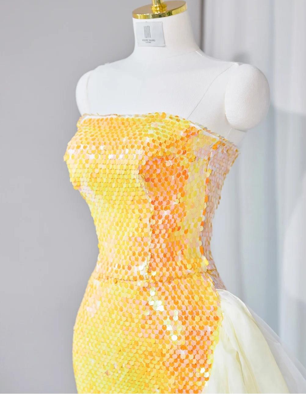 Gorgeous Bright Yellow Strapless Mermaid Sequined Tulle Long Prom Dresses Formal Evening Gowns  RF0770
