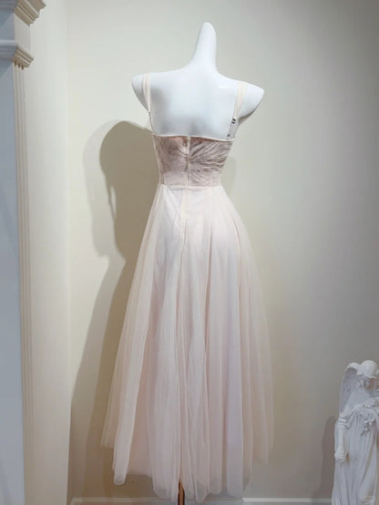Sweet Baby Pink Spaghetti Strap A-Line Tulle Long Prom Dresses Formal Evening Gowns RF0771