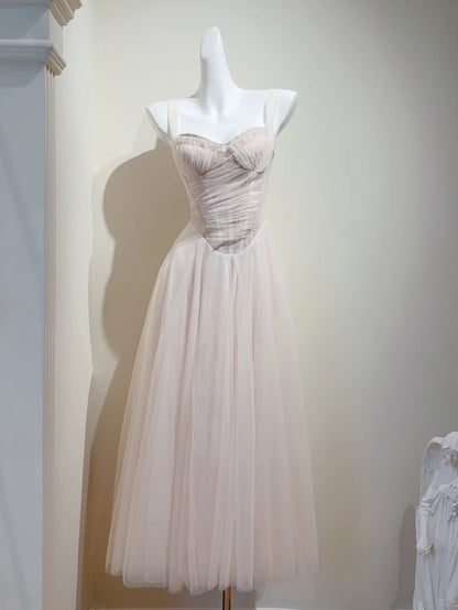 Sweet Baby Pink Spaghetti Strap A-Line Tulle Long Prom Dresses Formal Evening Gowns RF0771