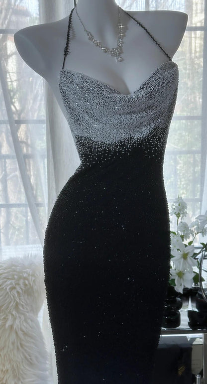 Elegant Black Halter Mermaid Chiffon Beading Long Prom Dresses Vintage Formal Evening Gowns RF0772
