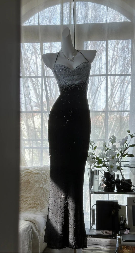 Elegant Black Halter Mermaid Chiffon Beading Long Prom Dresses Vintage Formal Evening Gowns RF0772