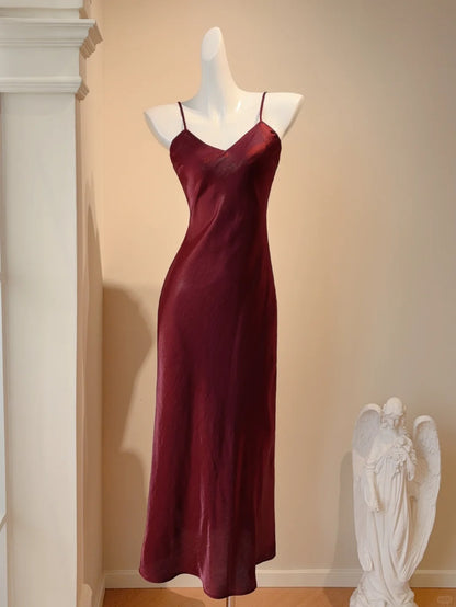 Simple Burgundy Spaghetti Strap Sheath Satin Long Prom Dresses Evening Gowns RF0773