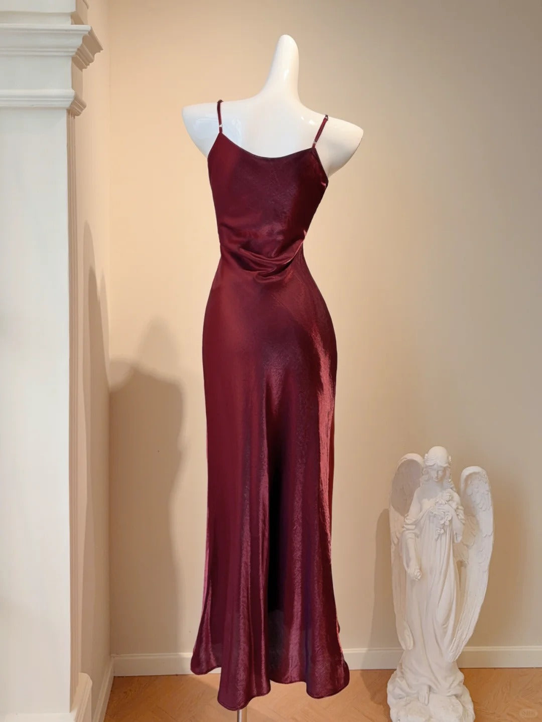 Simple Burgundy Spaghetti Strap Sheath Satin Long Prom Dresses Evening Gowns RF0773