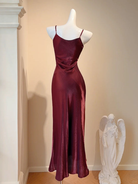 Simple Burgundy Spaghetti Strap Sheath Satin Long Prom Dresses Evening Gowns RF0773