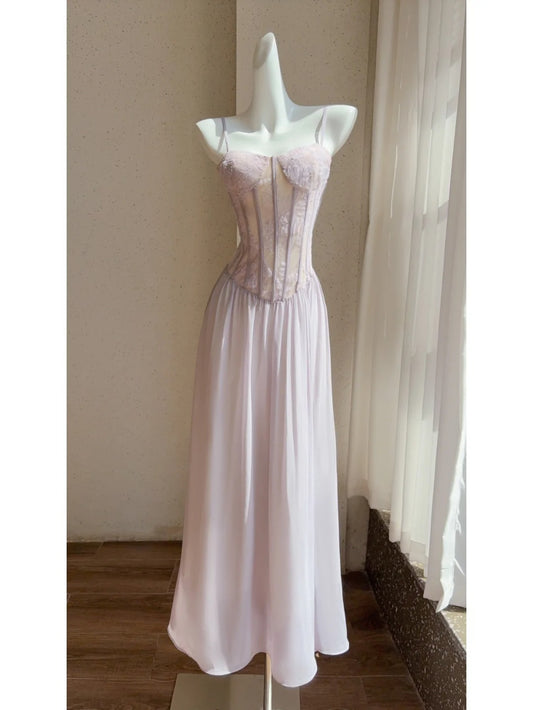 Sweet Light Purple Spaghetti Strap A-Line Chiffon Long Prom Dresses Formal Evening Gowns RF0774