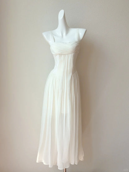 Gentle White Spaghetti Strap A-Line Chiffon Long Prom Dresses Birthday Evening Dress Gowns RF0775