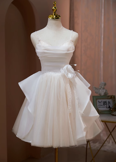 Sweet White Spaghetti Straps A-Line Tulle Short Prom Dresses Homecoming Dresses RF0779