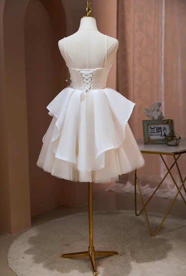 Sweet White Spaghetti Straps A-Line Tulle Short Prom Dresses Homecoming Dresses RF0779