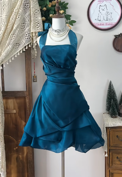 Elegant Teal Halter A-Line Satin Mesh Short Prom Dresses Homecoming Dresses RF0781