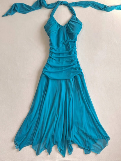 Robe de bal courte sirène en mousseline de soie, style vintage, bleu, col licou, RF0782