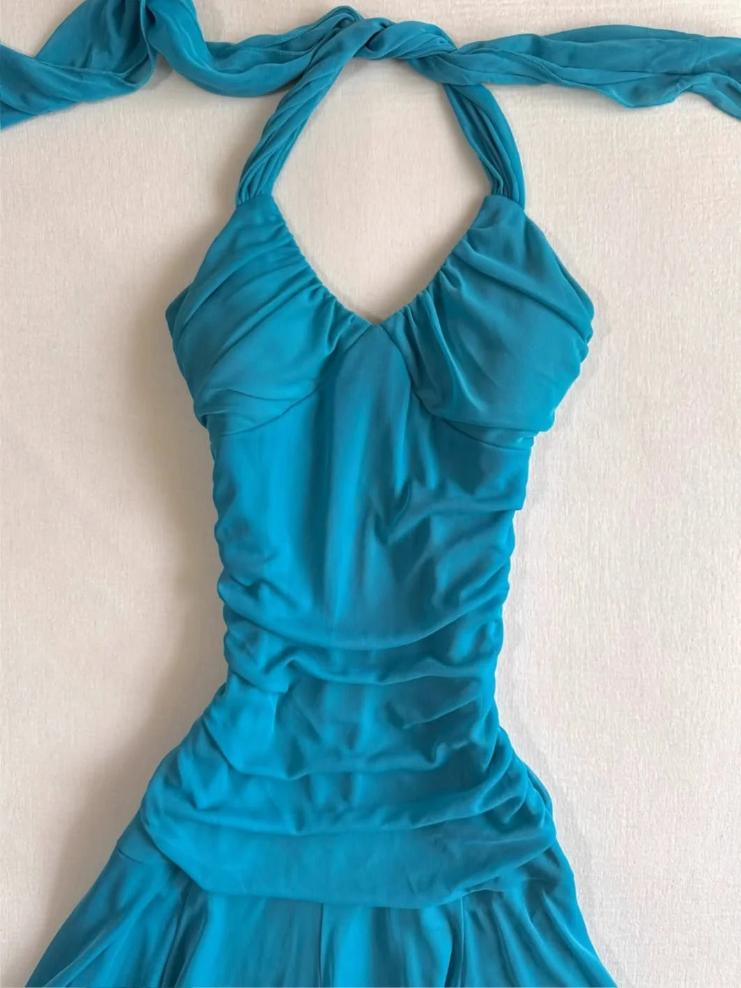 Robe de bal courte sirène en mousseline de soie, style vintage, bleu, col licou, RF0782