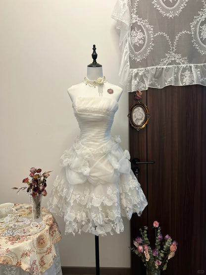 Sweet White Strapless A-Line Tulle Short Prom Dresses Homecoming Dresses with Appliques RF0784