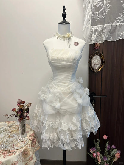 Sweet White Strapless A-Line Tulle Short Prom Dresses Homecoming Dresses with Appliques RF0784
