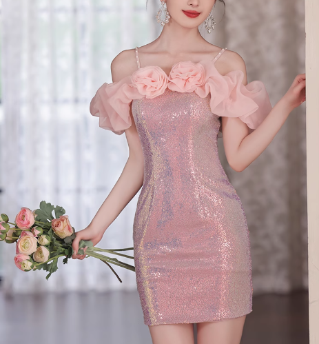 Glitter Pink Off-the-shoulder Bodycon Sequin Applique Short Prom Dresses Homecoming Dresses RF0786