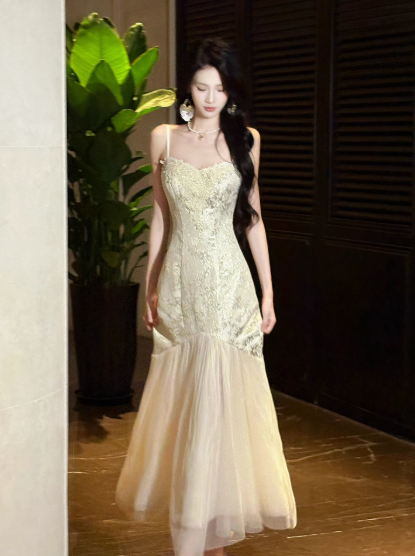 Sweet Apricot Spaghetti Straps Mermaid Jacquard Satin Tulle Long Prom Dresses Formal Evening Gowns RF0788