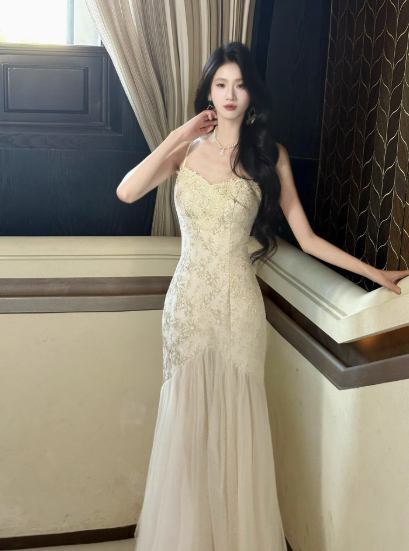 Sweet Apricot Spaghetti Straps Mermaid Jacquard Satin Tulle Long Prom Dresses Formal Evening Gowns RF0788