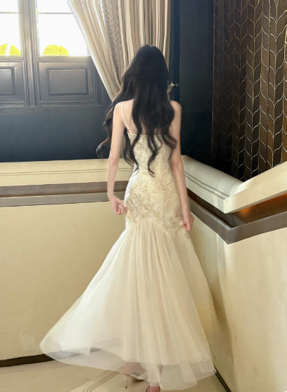 Sweet Apricot Spaghetti Straps Mermaid Jacquard Satin Tulle Long Prom Dresses Formal Evening Gowns RF0788