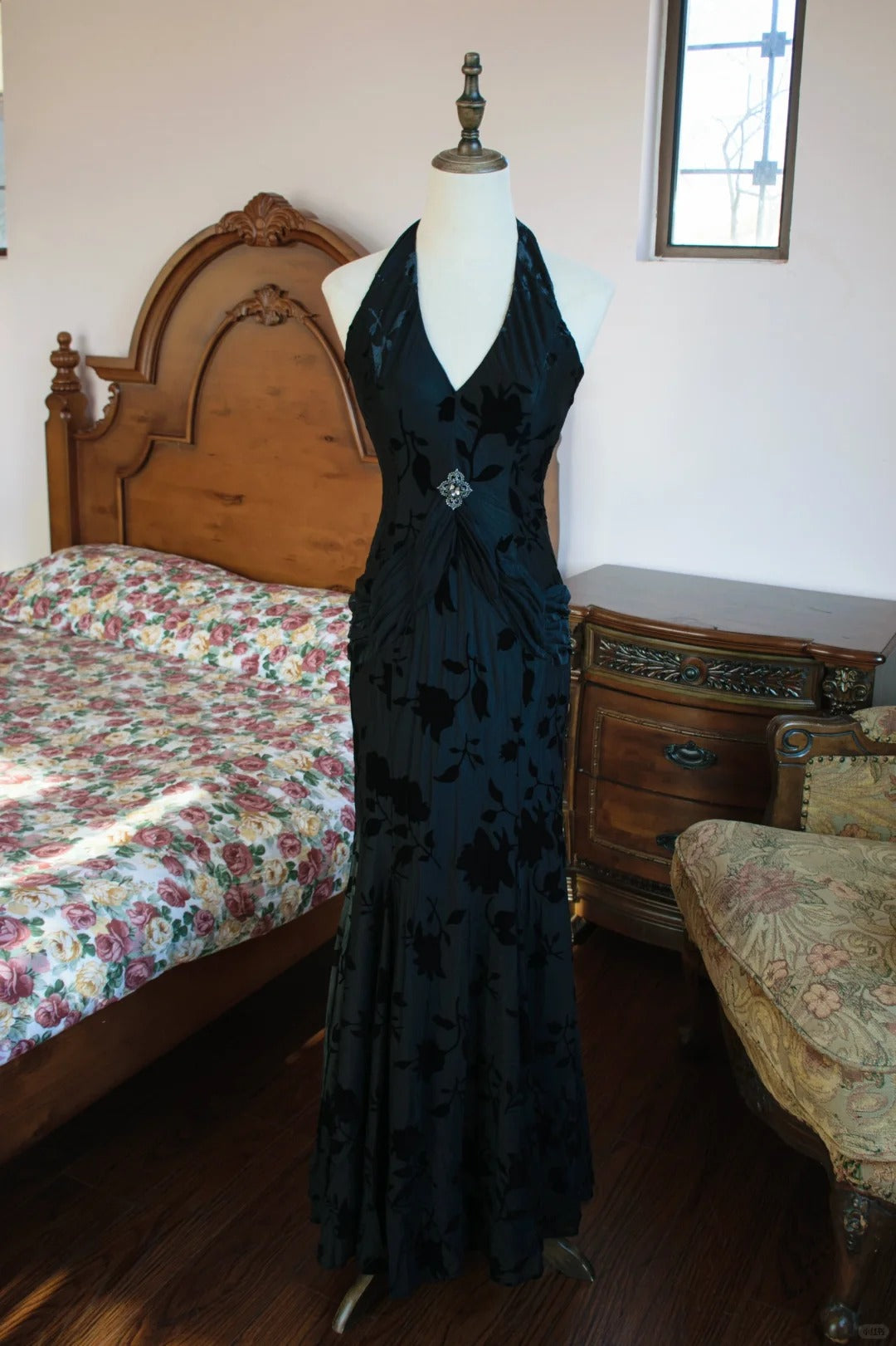 Vintage Black V-neck Mermaid Jacquard Satin Long Prom Dresses Formal Evening Gowns with Open Back RF0789