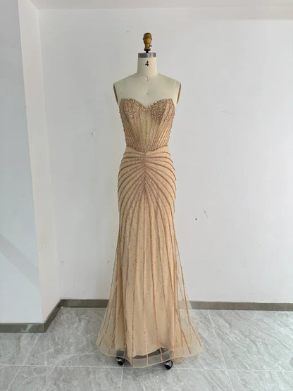 Fashion Gold Strapless Mermaid Tulle Long Prom Dresses Formal Evening Gowns with Beading RF0790