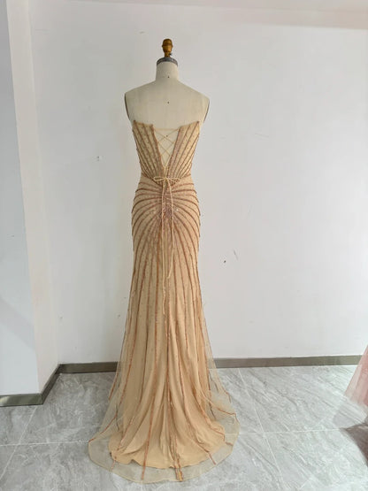 Fashion Gold Strapless Mermaid Tulle Long Prom Dresses Formal Evening Gowns with Beading RF0790
