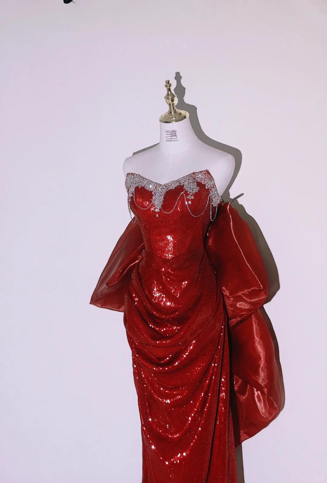Gorgeous Burgundy Strapless Sheath Sequins Long Prom Dresses Formal Evening Gowns RF0791