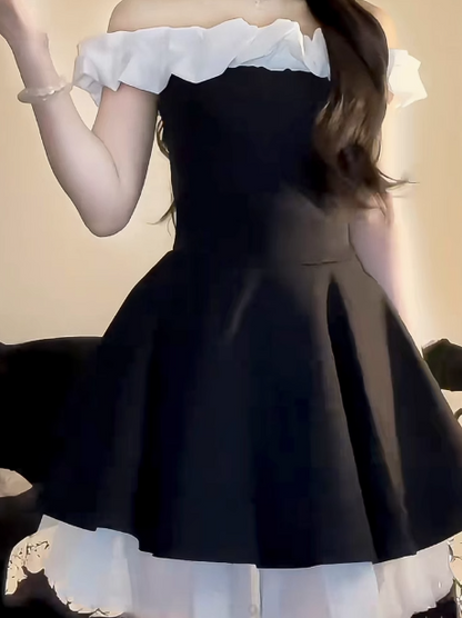 Elegant French Off-shoulder Black A-Line Dress RF0792