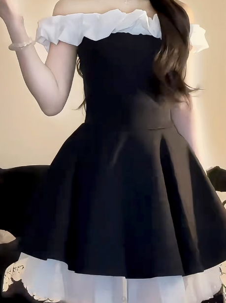 Elegant French Off-shoulder Black A-Line Dress RF0792