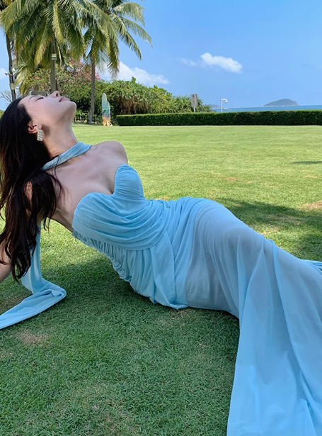 Atemberaubendes blaues Meerjungfrau-Sommerkleid aus Chiffon im Sweetheart-Stil RF0794