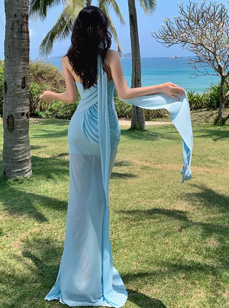 Atemberaubendes blaues Meerjungfrau-Sommerkleid aus Chiffon im Sweetheart-Stil RF0794