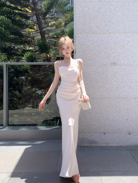 Süßes französisches Spaghettiträger-Etuikleid aus Satin, Sommerkleid RF0795