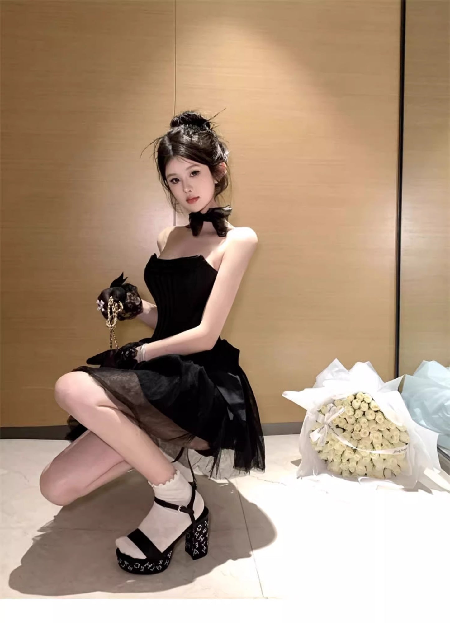 Sexy Black Strapless A-Line Tulle Satin Short Prom Dresses Homecoming Dresses RF0796