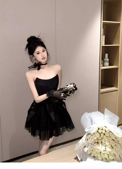 Sexy Black Strapless A-Line Tulle Satin Short Prom Dresses Homecoming Dresses RF0796