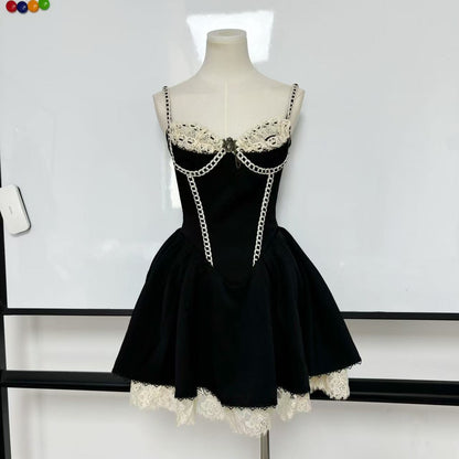 Sweet Black Spaghetti Straps A-Line Lace Satin Short Prom Dresses Homecoming Dresses  RF0797
