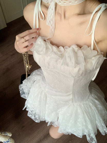 Elegant White Spaghetti Straps A-Line Tulle Lace Short Prom Dresses Homecoming Dresses RF0798