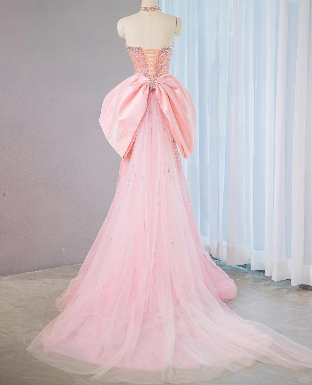 Robe de soirée longue en tulle perlé, style sirène, bustier rose, avec nœud, RF0800