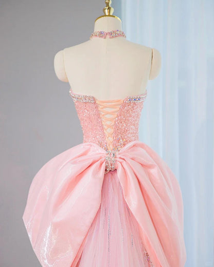 Robe de soirée longue en tulle perlé, style sirène, bustier rose, avec nœud, RF0800