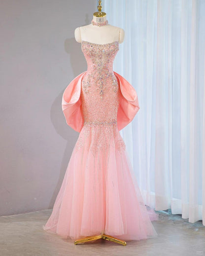 Robe de soirée longue en tulle perlé, style sirène, bustier rose, avec nœud, RF0800