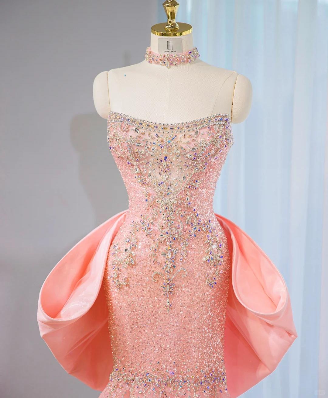 Robe de soirée longue en tulle perlé, style sirène, bustier rose, avec nœud, RF0800